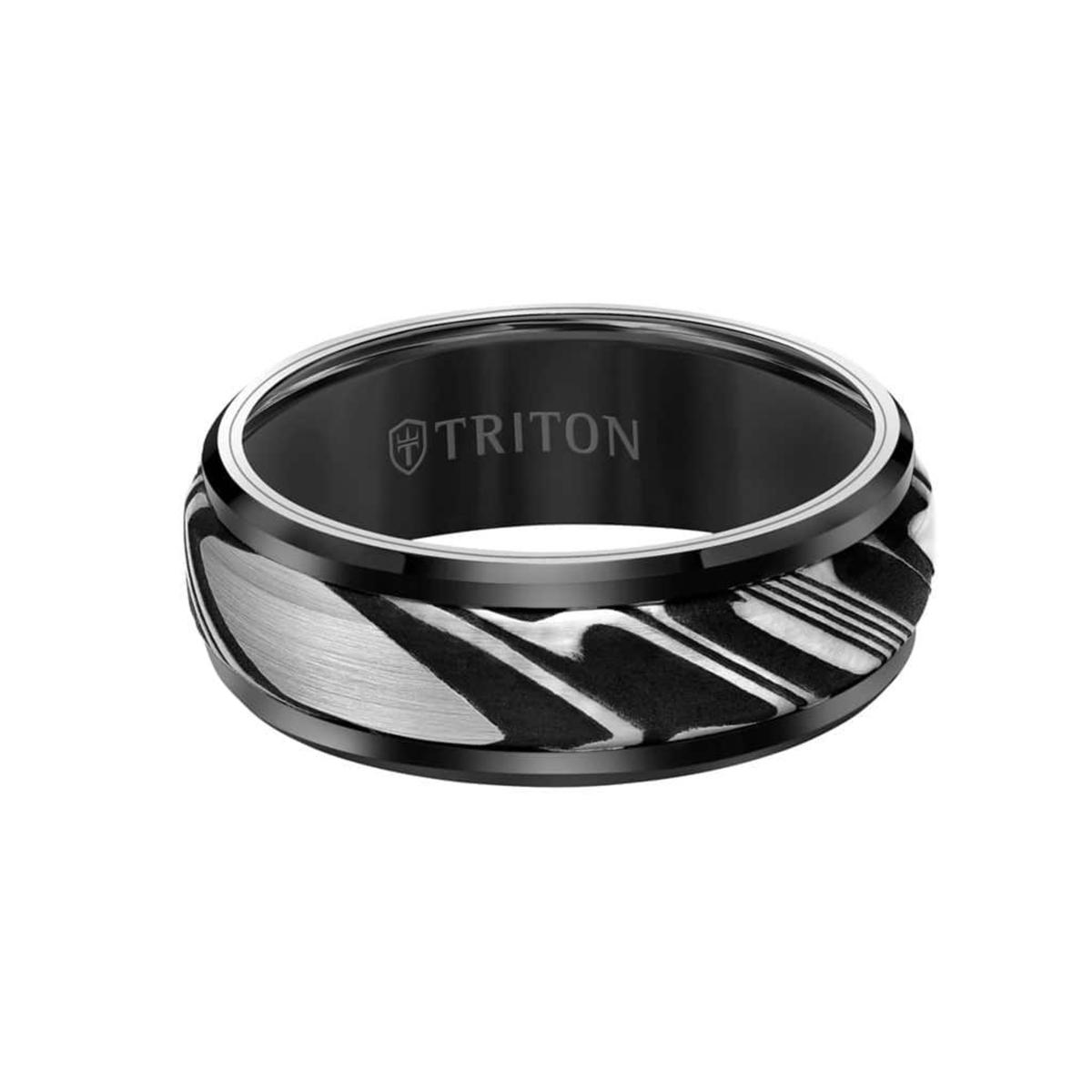8MM Tungsten Carbide Ring - Damascus Steel with Bevel Edge