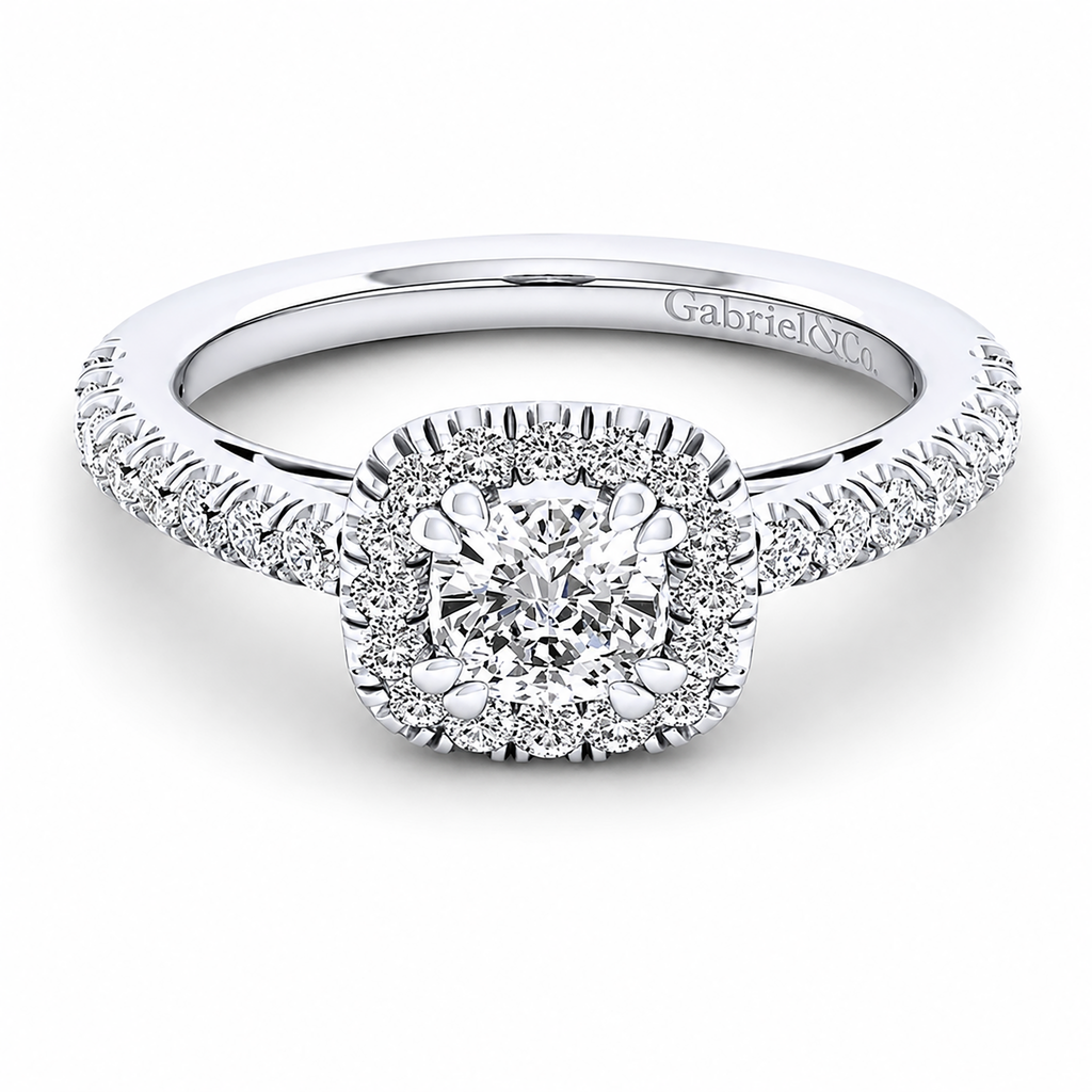 14k White Gold Cushion Cut Halo