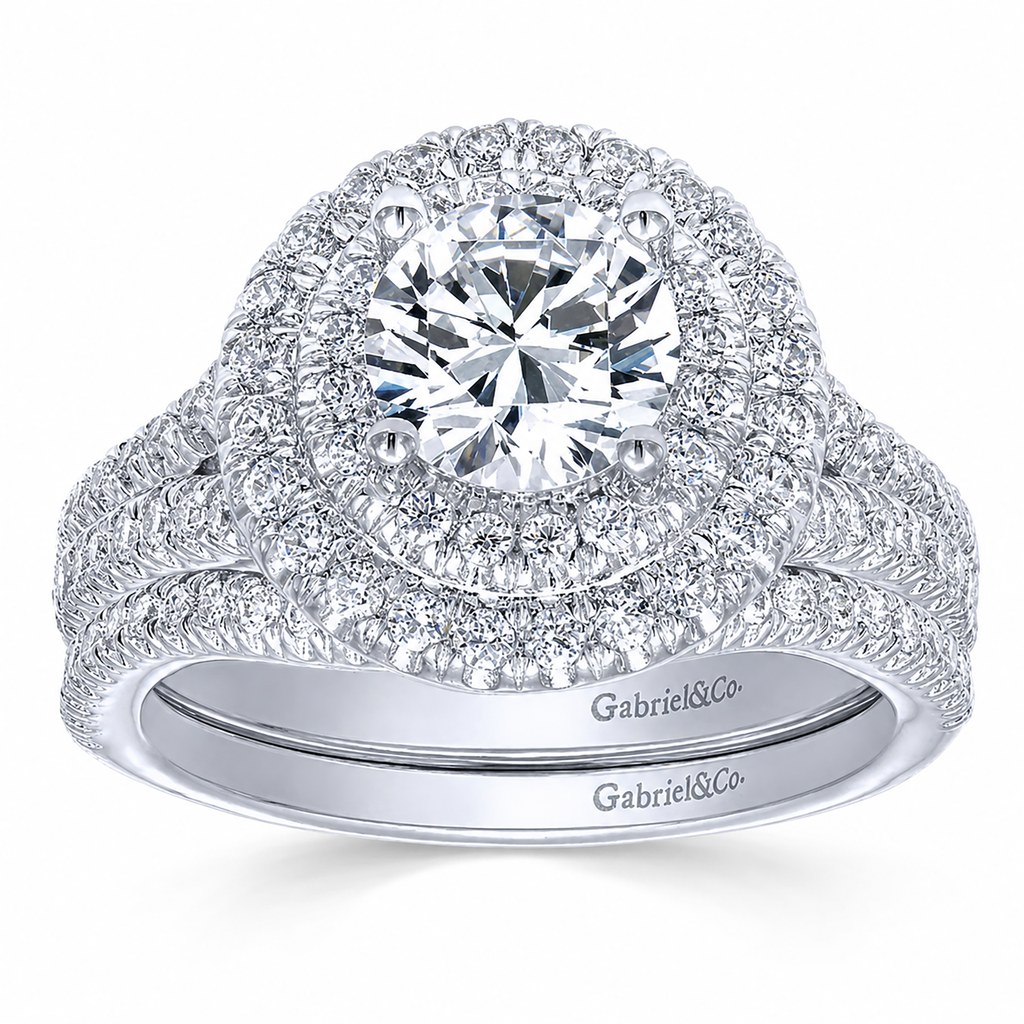 14k White Gold Round Double Halo