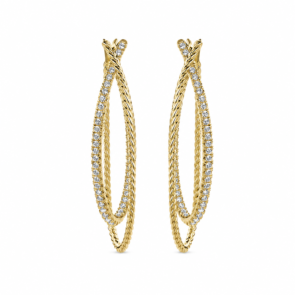 14k Yellow Gold Intricate Twisted Diamond Double Hoop