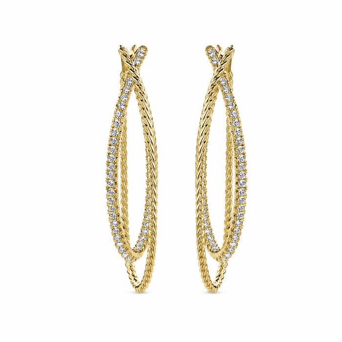 14k Yellow Gold Intricate Twisted Diamond Double Hoop
