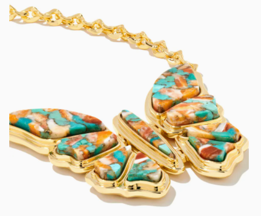 Kendra Scott Ember Gold Butterfly Statement Necklace in Bronze Veined Turquoise Magnesite Red Oyster