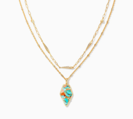 Kendra Scott Framed Tessa Convertible Gold Multi Strand Necklace in Bronze Veined Turquoise Magnesite Red Oyster