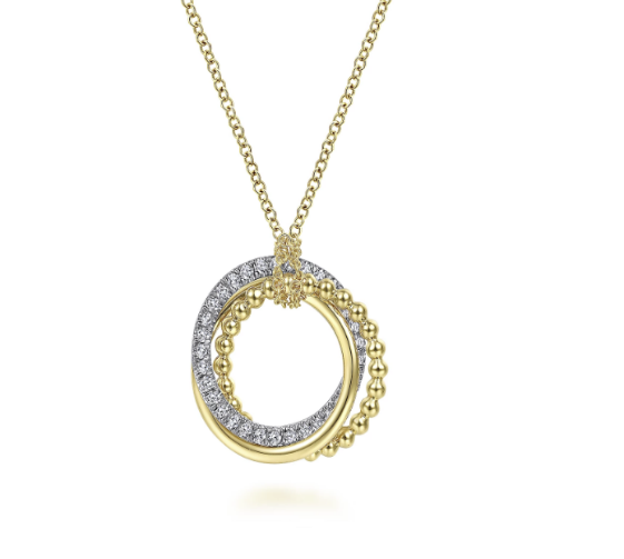 Gabriel & Co 4K Yellow-White Gold Interlocking Circles Pendant Necklace with Diamond Pavé in Garner, NC