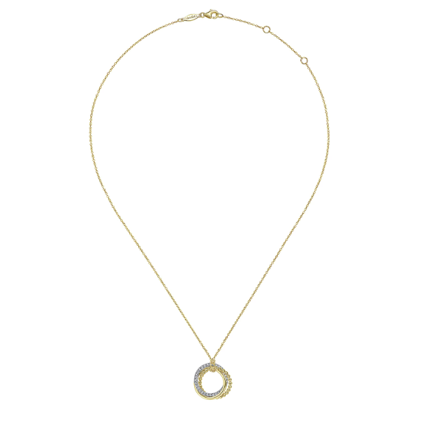 Gabriel & Co 4K Yellow-White Gold Interlocking Circles Pendant Necklace with Diamond Pavé in Garner, NC
