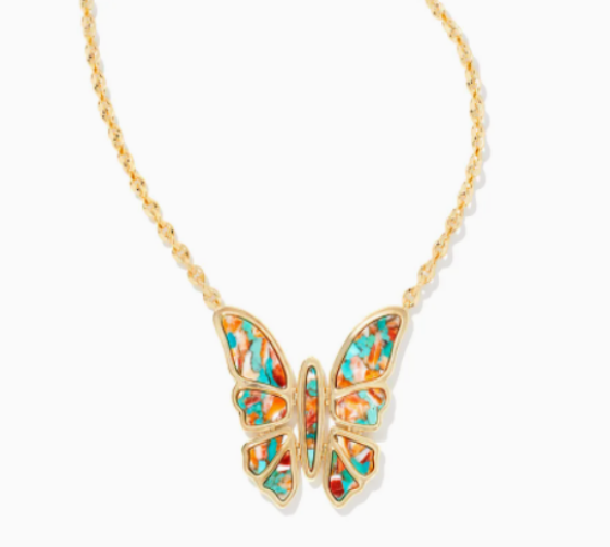 Kendra Scott Ember Gold Butterfly Statement Necklace in Bronze Veined Turquoise Magnesite Red Oyster